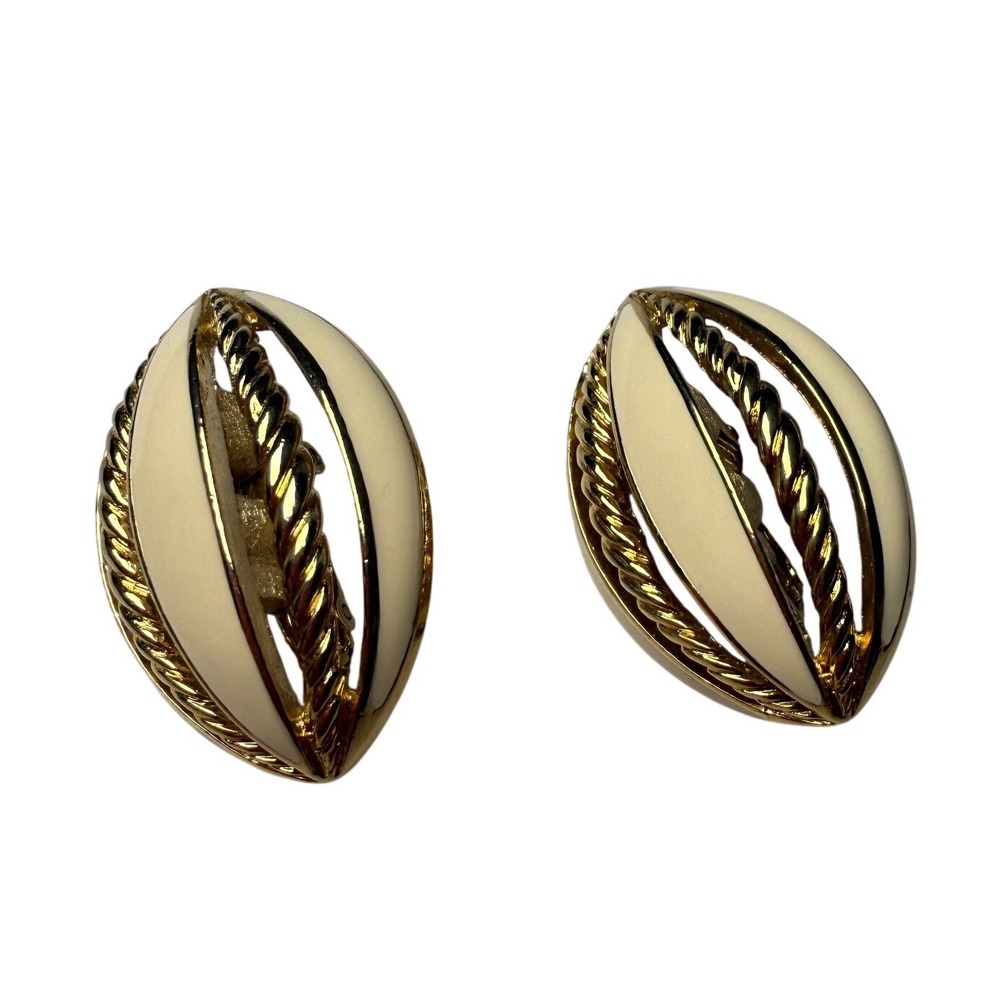 Vintage Trifari Gold Tone Cream Enamel Oval Clip-On Earrings
